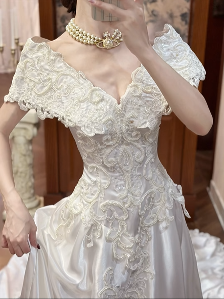 White Vintage Satin Ball Gown Wedding Prom Dress, V‑Neck Lace Cape Sleeves, Baroque Lace Appliqués, A‑Line Long Train gh8696