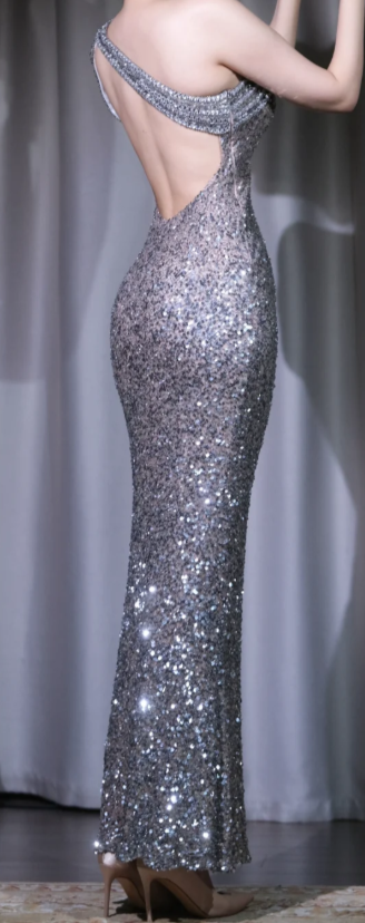 ✨Girlhomeshops-Silver Sequin One Shoulder Mermaid Prom Dress Fitted Sheer Evening Gown gh9954