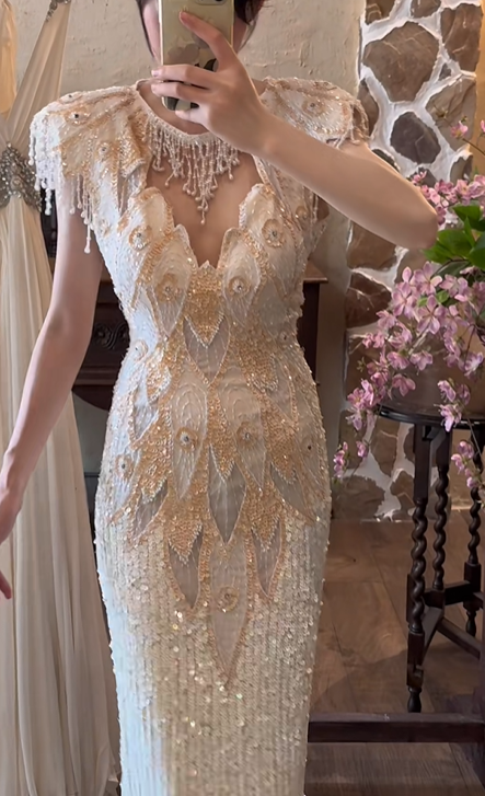 Ivory Gold Gatsby Vintage Mermaid Evening Gown, Beaded Tassel Neck Cutout Deep V Cap Sleeve Sequin Beaded Embroidery Formal Party Dress gh9068
