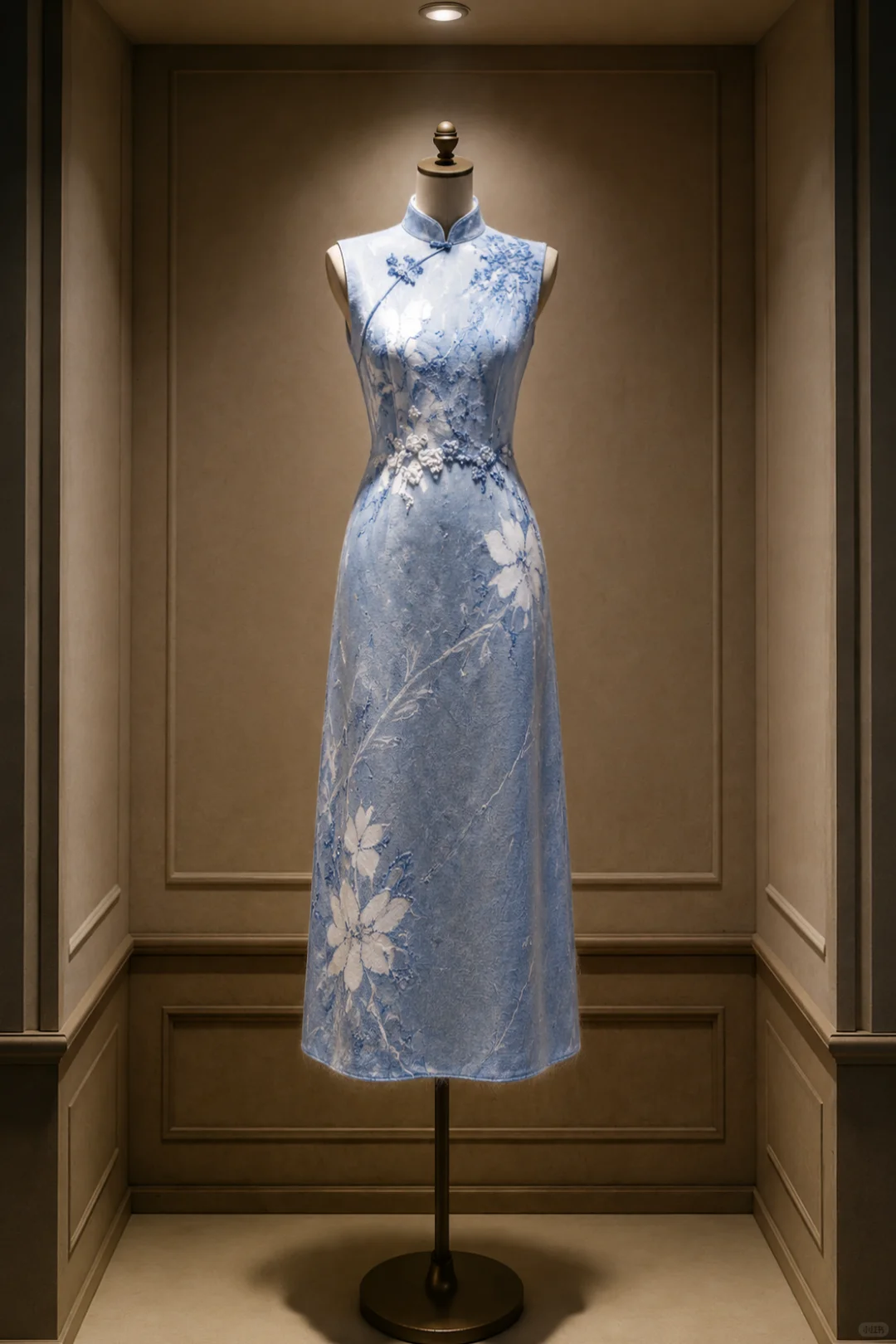 ✨Girlhomeshops-Light Ice Blue Blue White Floral A-Line Midi Cheongsam Qipao gh10446