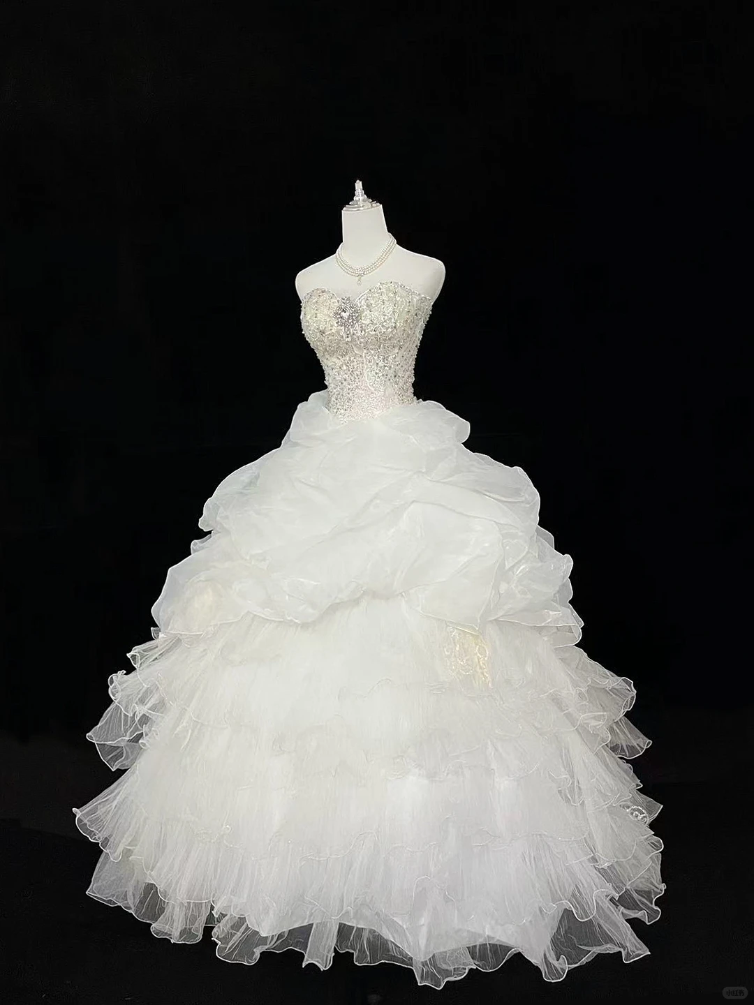 White Strapless Beaded Cinched Waist Voluminous Princess Skirt Romantic Dress, Wedding Gown gh7942