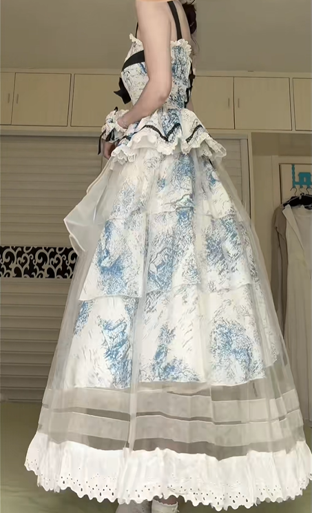 Blue‑White Castle Print Spaghetti Strap Lolita Gown, Ruffled Square Neck, Black Ribbon Bows, Corset‑Style Bodice, Tiered Ruffle Waist Yoke, Tulle Layered Maxi Skirt, Lace Trim Party Dress gh8925