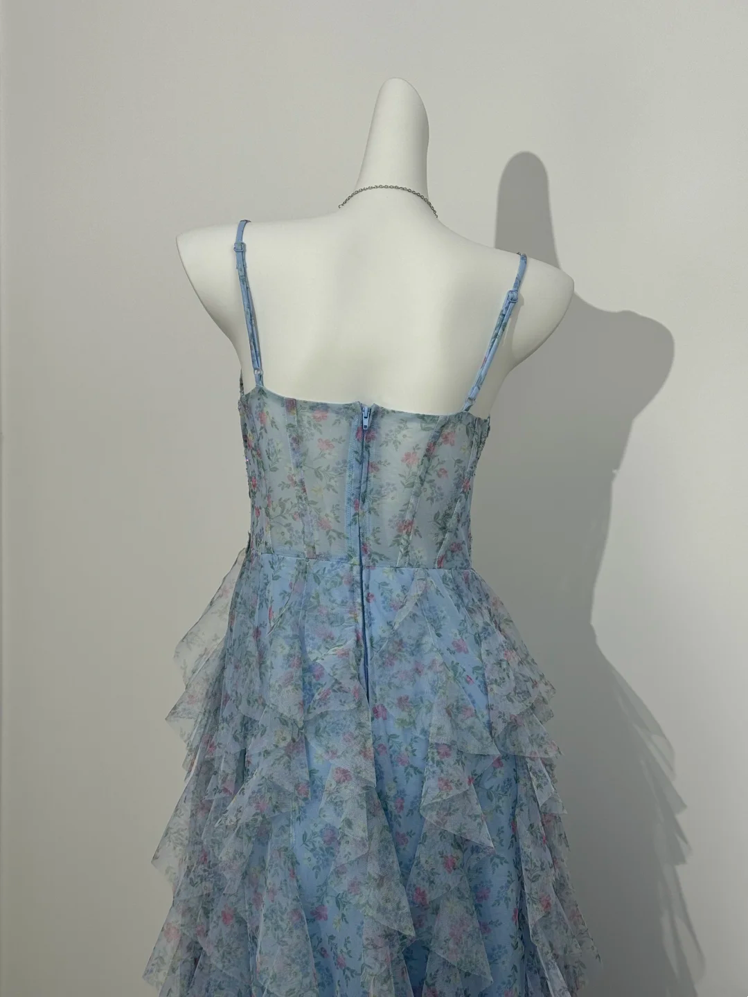 Light Blue Floral Spaghetti Strap Long Prom Evening Gown With Boning & Waist Cinching gh7220