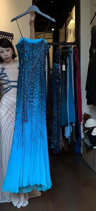 Ombre Blue Spaghetti Straps Evening Gown Peacock Hand Beaded Tassel Mermaid Long Formal Prom Dress gh9746