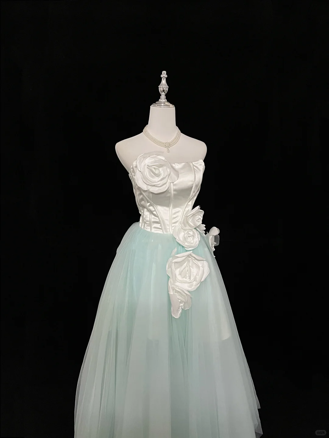 White Satin Strapless Cinched Waist Mint Green Skirt Elegant Long Romantic Gown gh7945