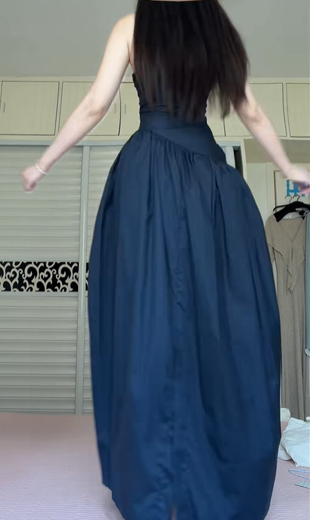 Navy Blue Strapless Tube Top Long Evening Gown, Folded Bandeau Neckline, Waist Bow Sash Tie, Side Pockets, Gathered Floor‑Length Maxi Skirt, Formal Prom Dress gh8931