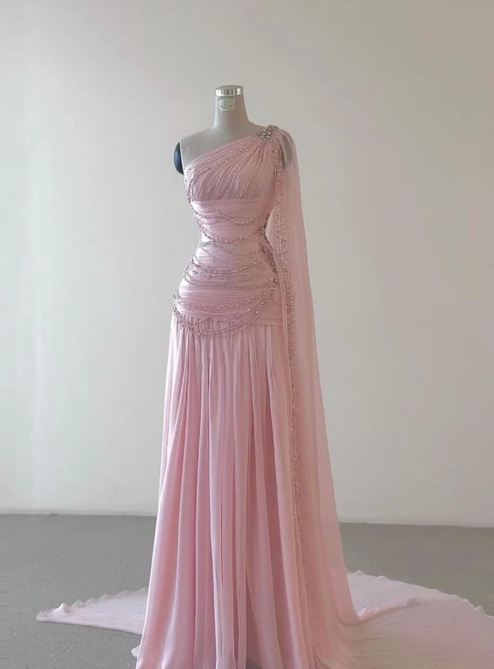 Rosa Perlenbesetztes elegantes bodenlanges Maxikleid aus Tüll, Ballkleid, Abendkleid gh3255