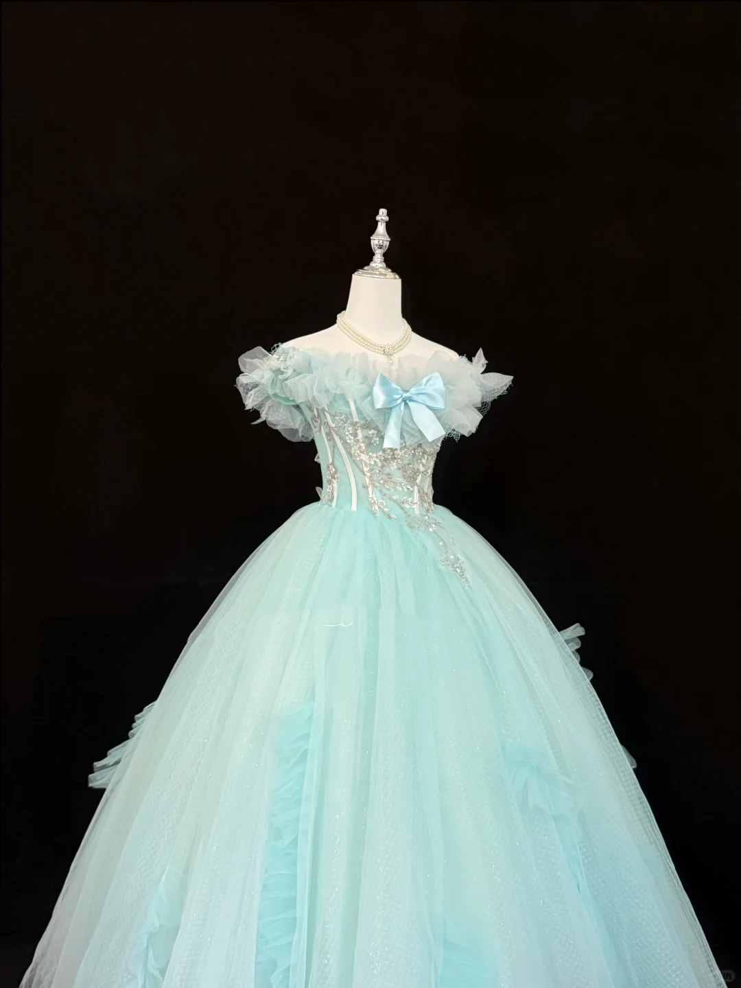 Light Blue Off-the-Shoulder Floral Neckline Cinched Waist Voluminous Princess Skirt Romantic Dress, Wedding Gown gh7860