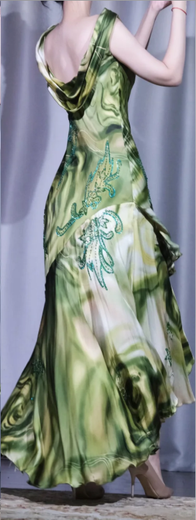 New Chinese Style Green Watercolor Sequin Floral Long Prom Dress gh9893