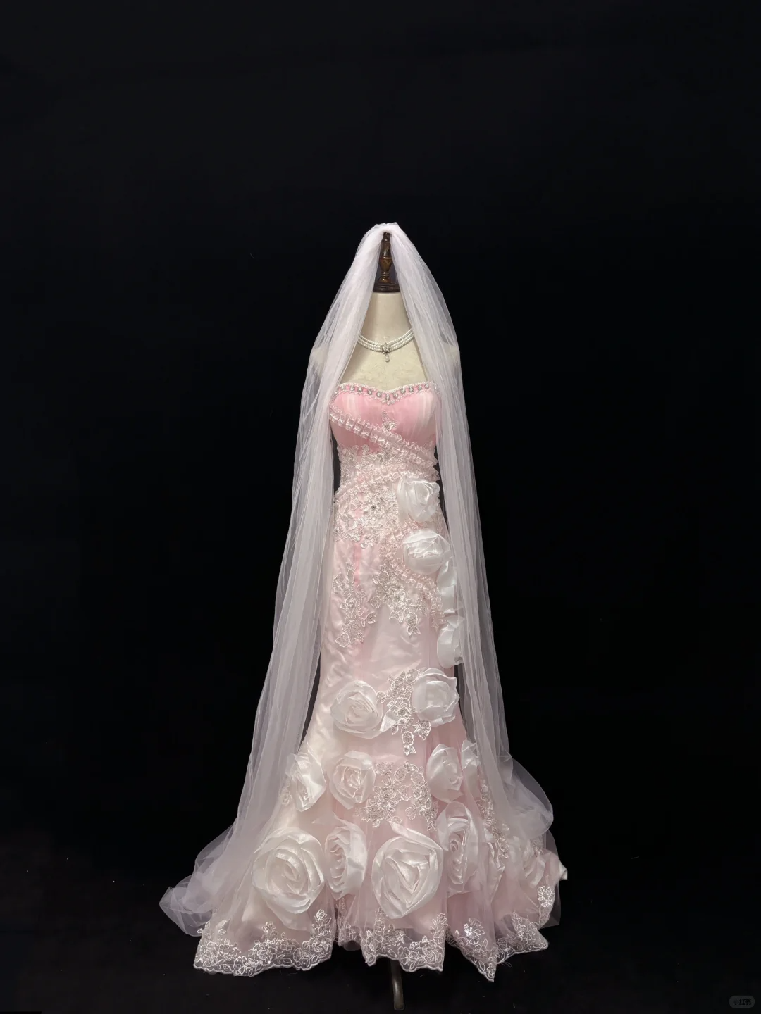 Blush Pink Strapless, Cinched Waist, Slim Fit, Rhinestone Rose Details, Charming Long Romantic Dress, Wedding Gown gh8083