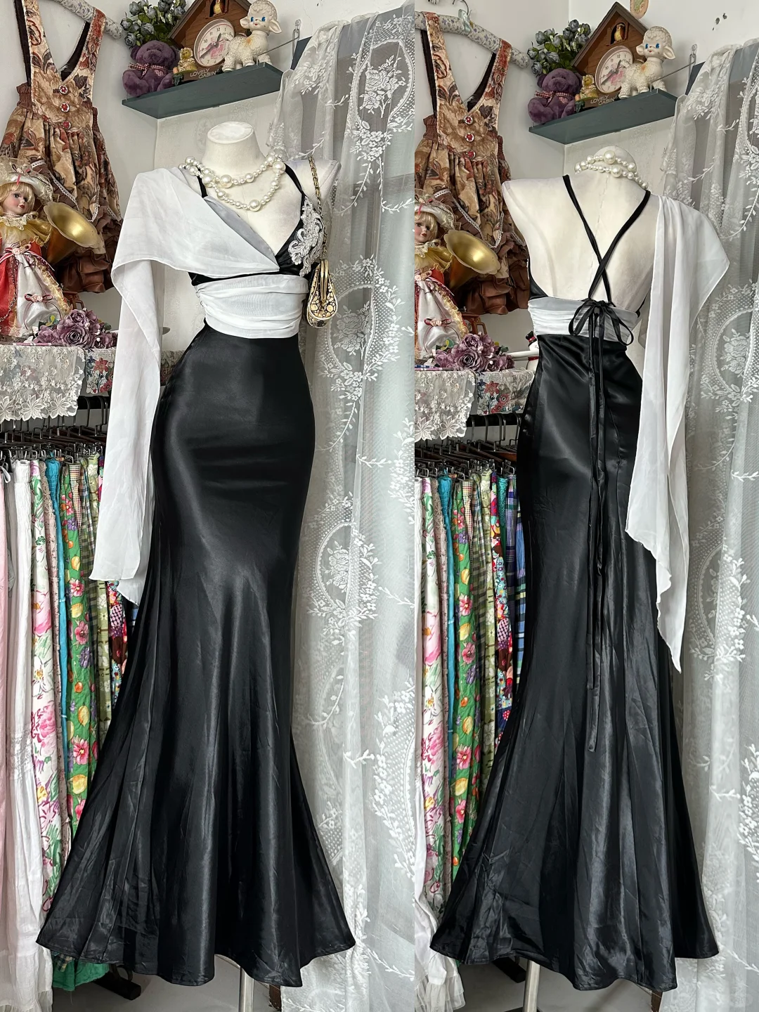 Sexy Long Black Vintage Spaghetti Strap Fitted Waist Slim Bodycon Prom & Evening Party Dress gh8474