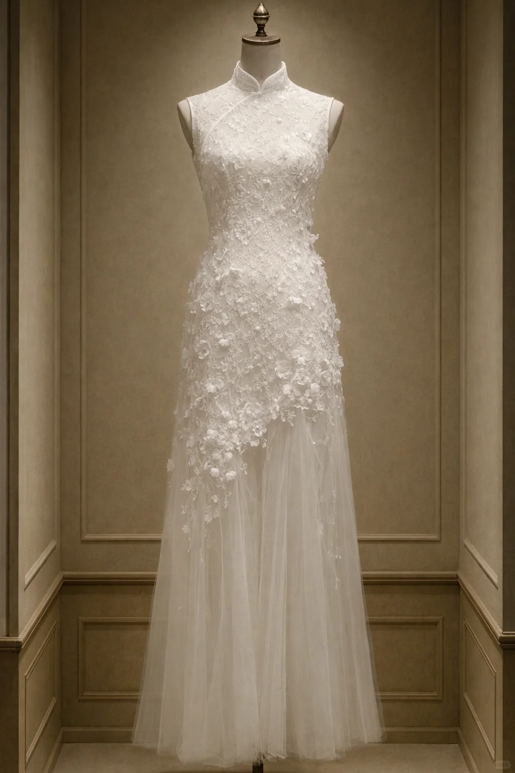 ✨Girlhomeshops-Ivory Sleeveless Qipao Mermaid Wedding Dress with 3D Floral Tulle Skirt gh10530