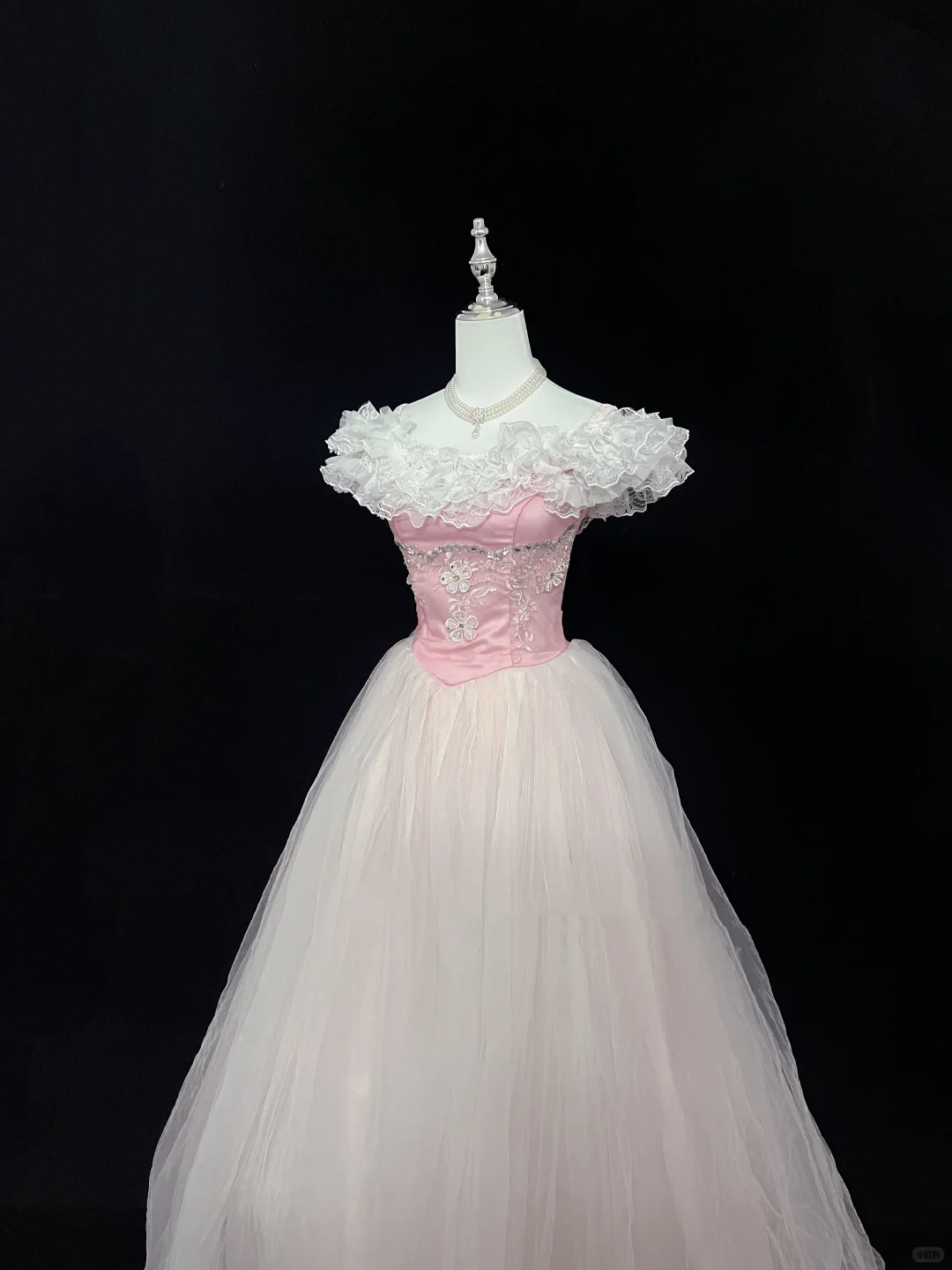 Blush Pink Ruffled Neckline Cinched Waist Full Flared Skirt Vintage Long Romantic Dress, Wedding Gown gh8034