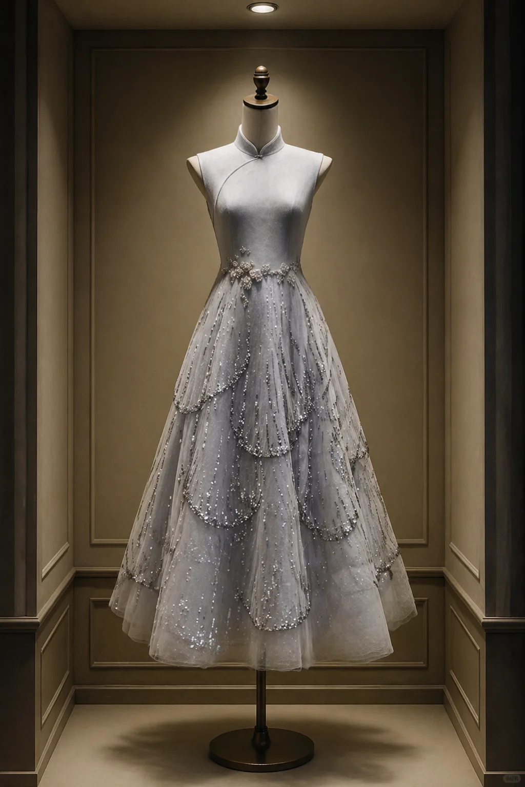 ✨Girlhomeshops-New Chinese Style Grey Qipao Prom Dress, Sleeveless, Sequined Beaded Tiered Tulle Midi Gown gh10460