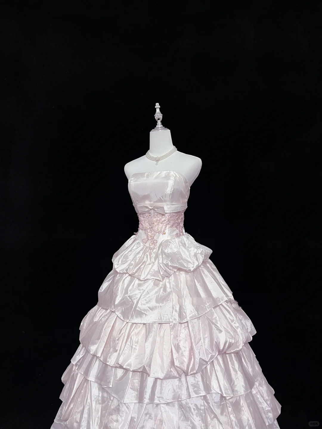 Blush Pink Satin Strapless Cinched Waist Voluminous Tiered Skirt Elegant Luxury Romantic Dress, Wedding Gown gh8035