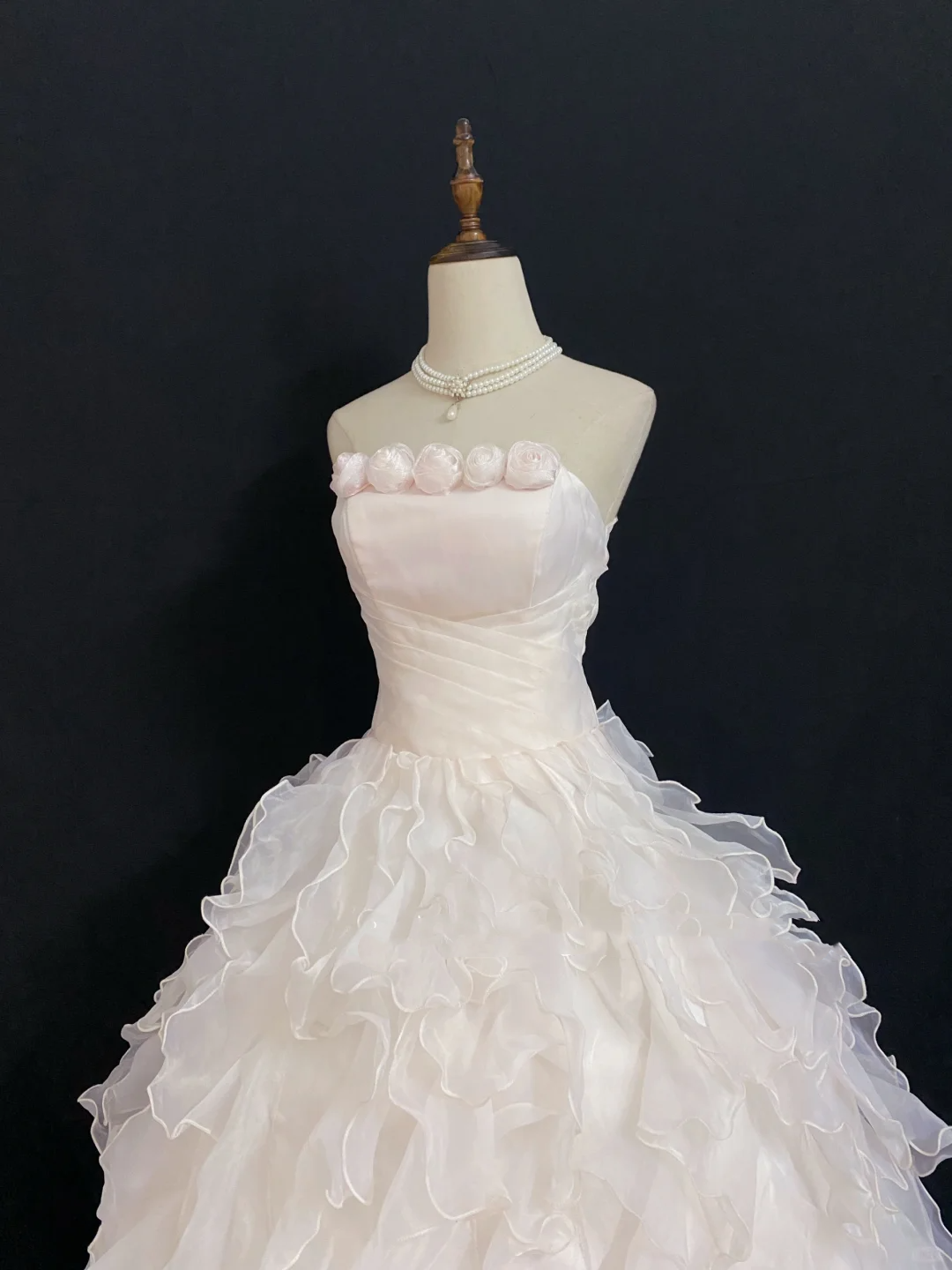 Blush pink strapless long romantic gown with fitted waist and fluffy tiered cake skirt, wedding dress & bridal gown gh8350
