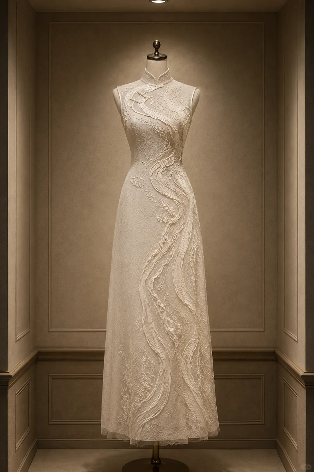 ✨Girlhomeshops-Ivory Flowing Wave Embroidery Lace Sleeveless Mermaid Qipao Cheongsam gh10403