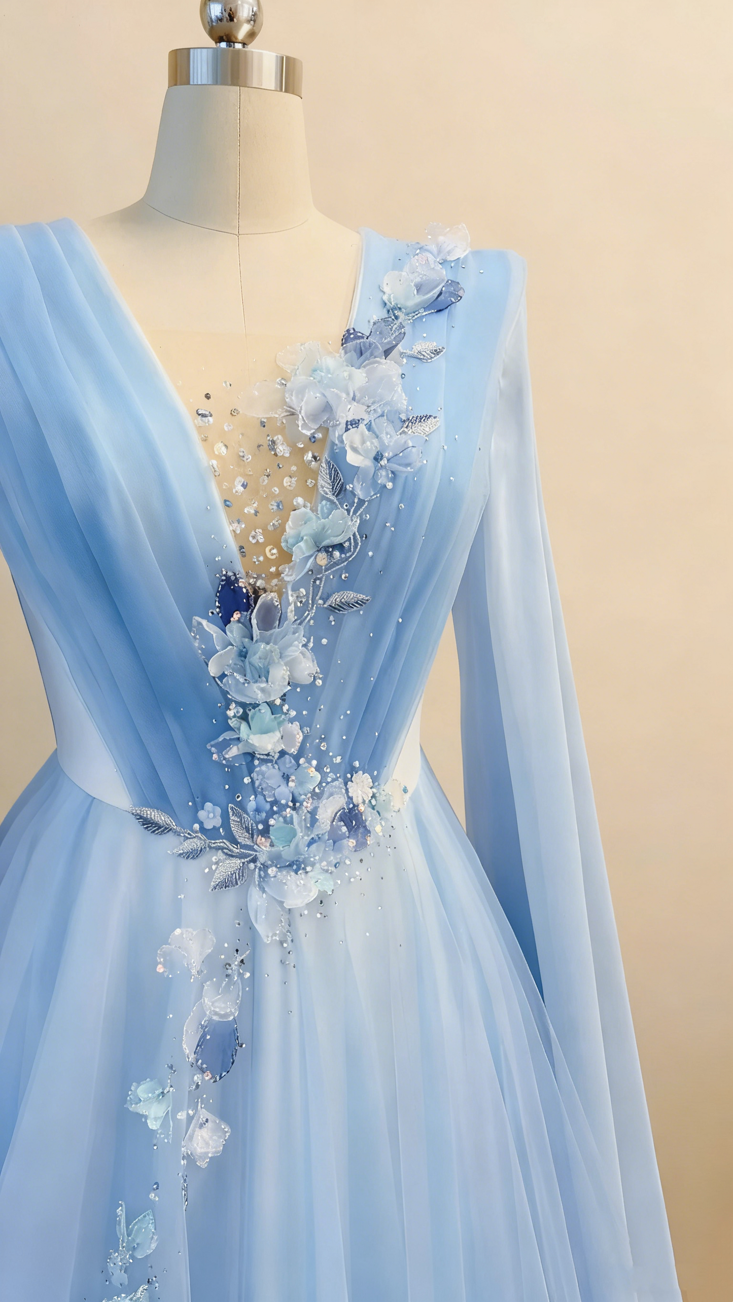 Eisblaues, transparentes, langärmeliges Abendkleid mit 3D-Blumenschleppe gh6393