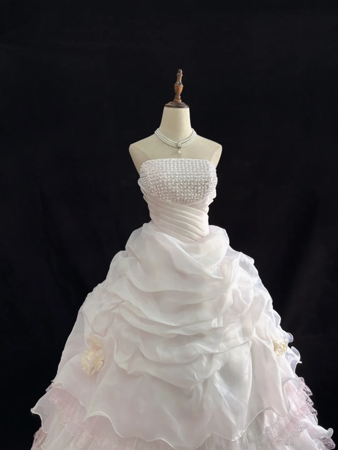Blush Pink Strapless Beaded Gown, Cinched Waist, Voluminous Princess Skirt, Elegant Romantic Dress & Wedding Gown gh8090