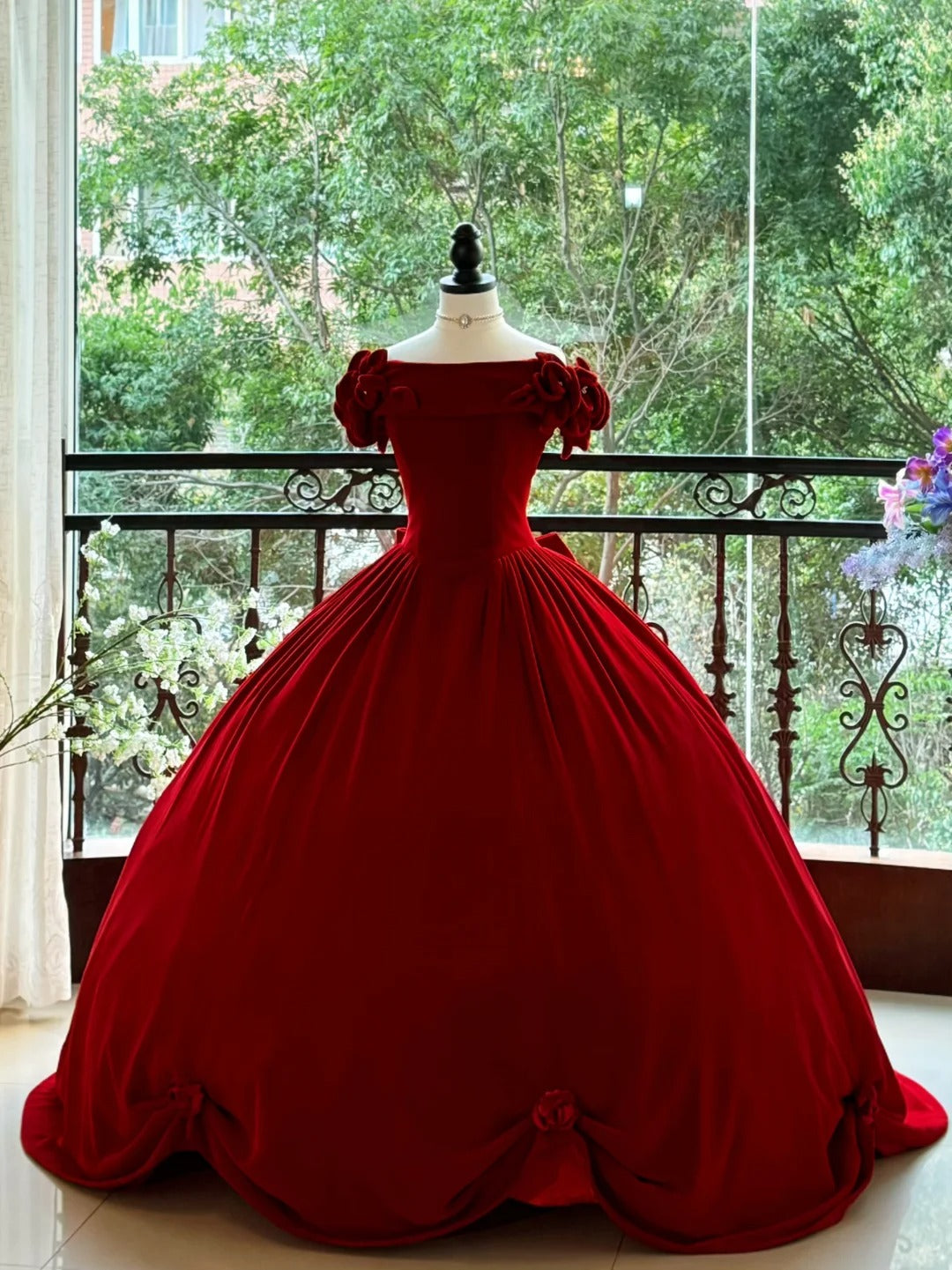 Girlhomeshops - Burgunderrot, elegant, Retro, lang, Samt, Quinceanera-Kleid, Ballkleid, Abschlussballkleid, Prinzessinnenkleid, gh5005