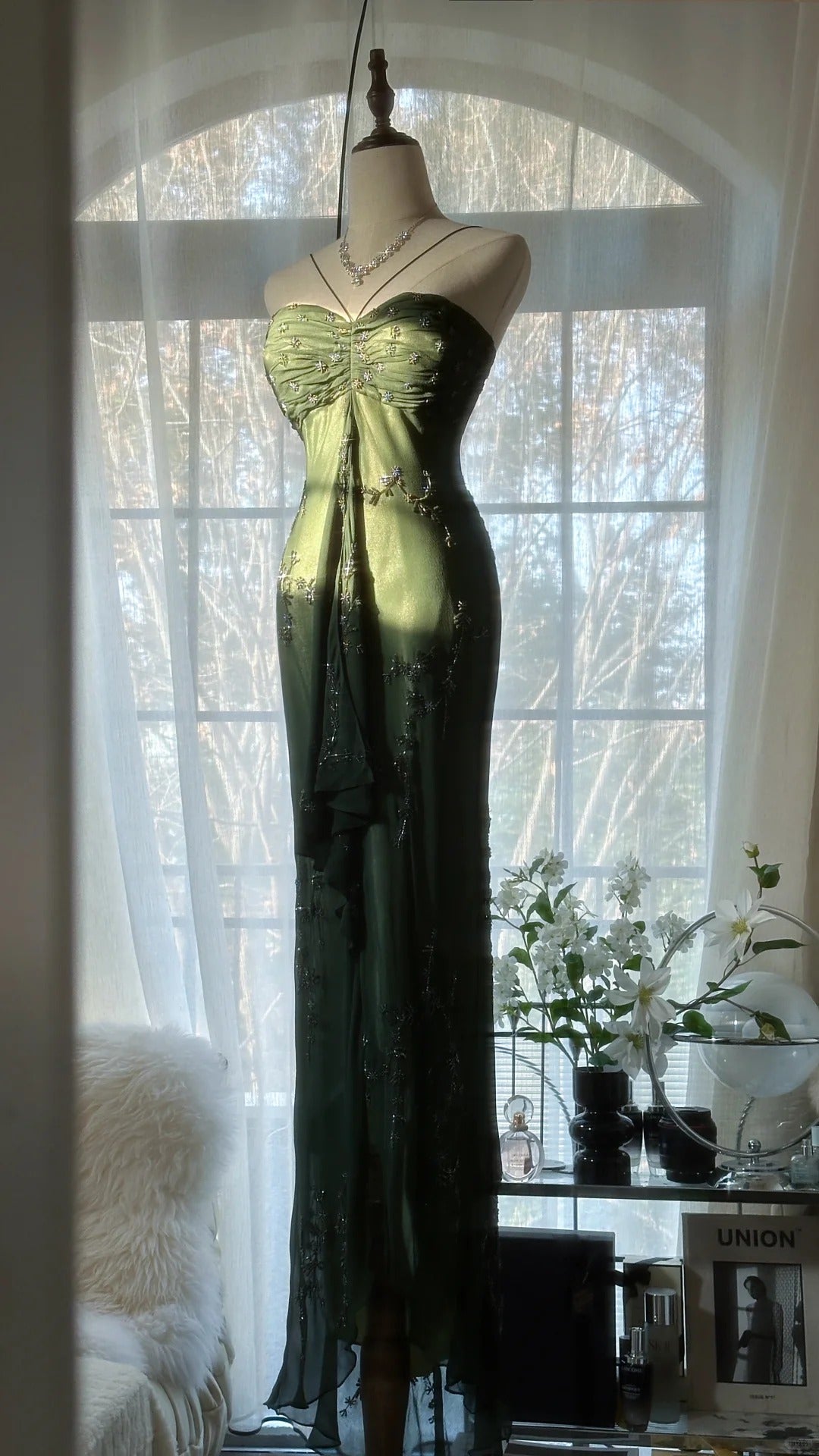 Green Elegant Fashion Exquisite Beaded Strapless Long Chiffon Ball Gown Evening Dress Birthday/Holiday Party Dress Prom Dress gh4066