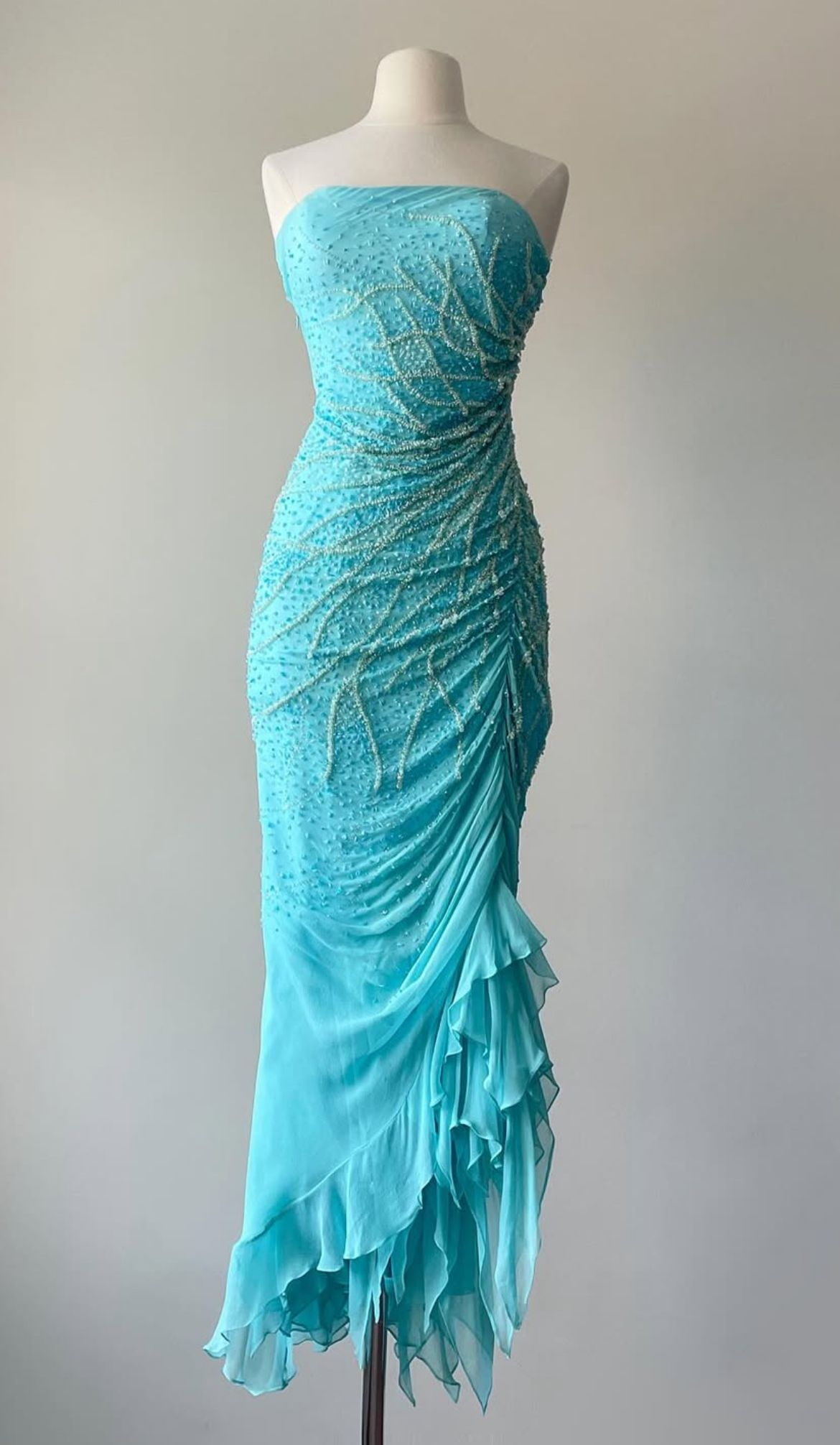Light Lake Blue Strapless Waist-Cinched Ruched Beaded Sexy Fitted Evening Dress, Fairy Gown, Romantic Gown gh7453