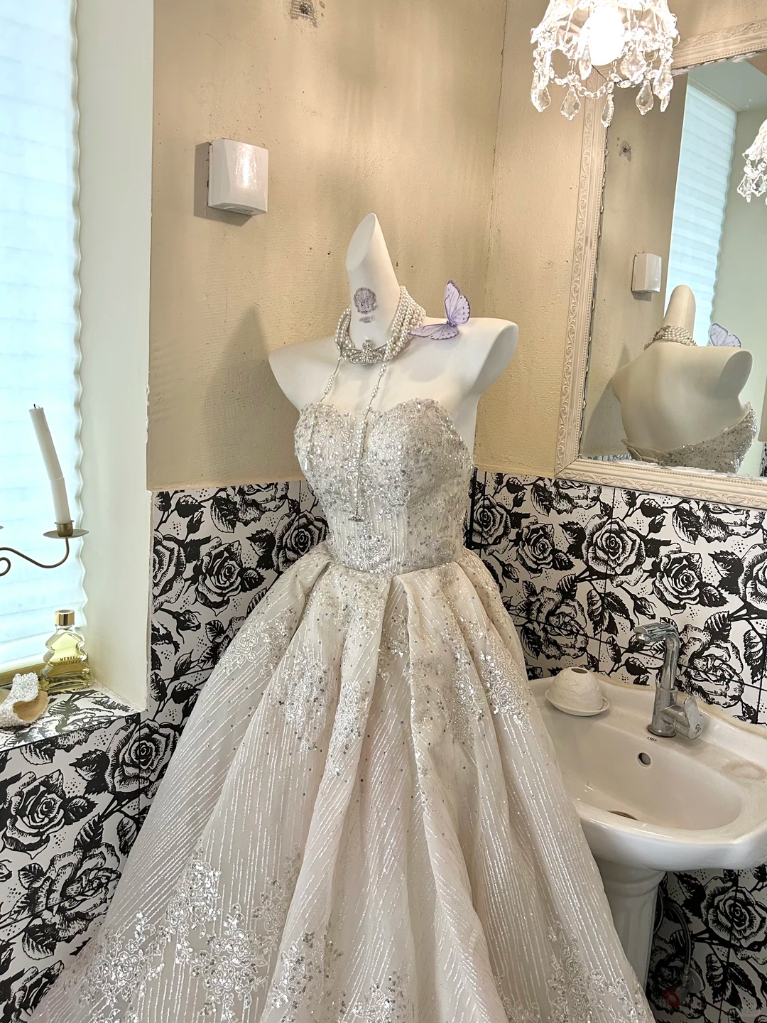 Ivory Strapless Gown with Silver Decorations, Waist-Cinched Full Flared Long Romantic Dress, Wedding Gown gh7699
