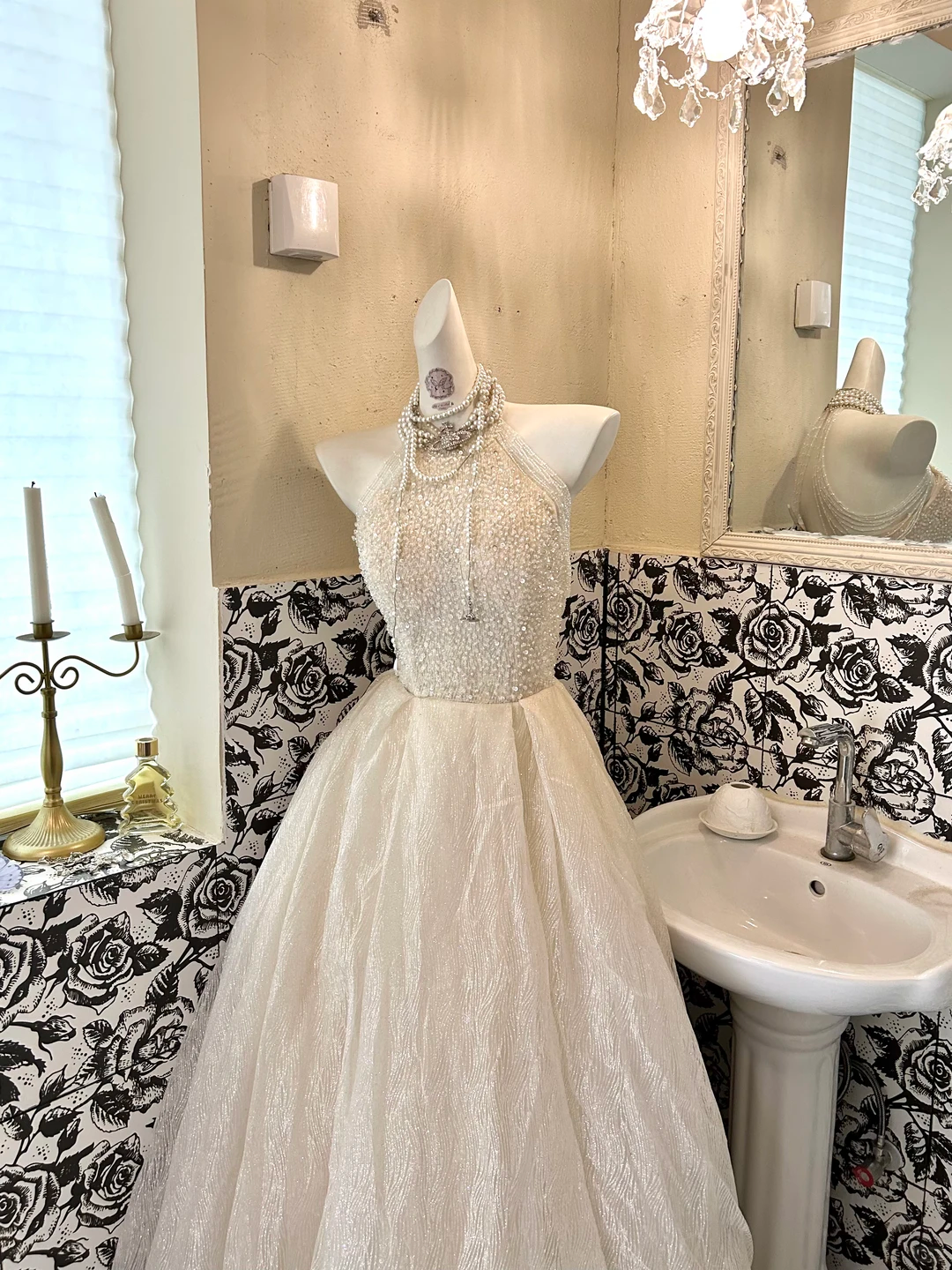 Light Apricot Halter Waist-Cinched Voluminous Skirt Long Romantic Dress, Wedding Gown gh7734