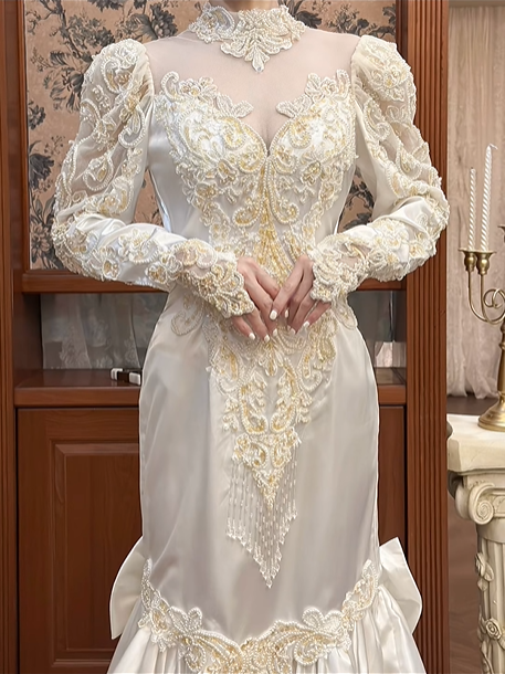 Ivory Vintage Satin Mermaid Wedding Prom Dress, Lace High Neck Illusion V‑Neck, Leg‑of‑Mutton Puff Sleeves, Gold‑Silver Lace Appliqués, Back Bow, Scalloped Lace Long Train gh8674