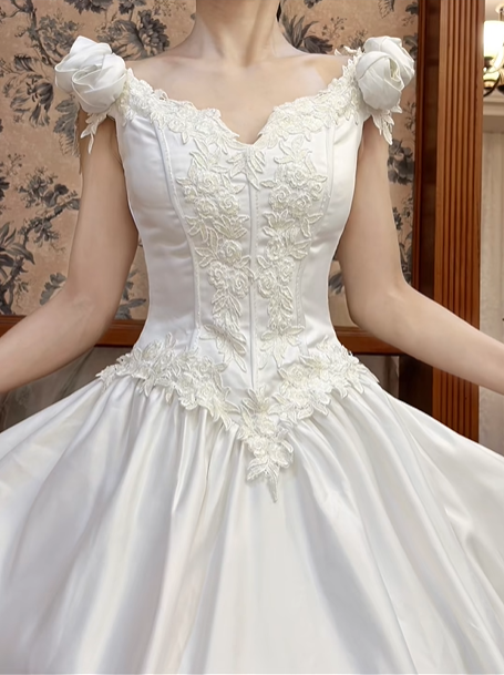 White Vintage Satin Ball Gown Wedding Prom Dress, V‑Neck Sleeveless With 3D Fabric Roses, Floral Lace Appliqués, Voluminous Satin Skirt gh8715
