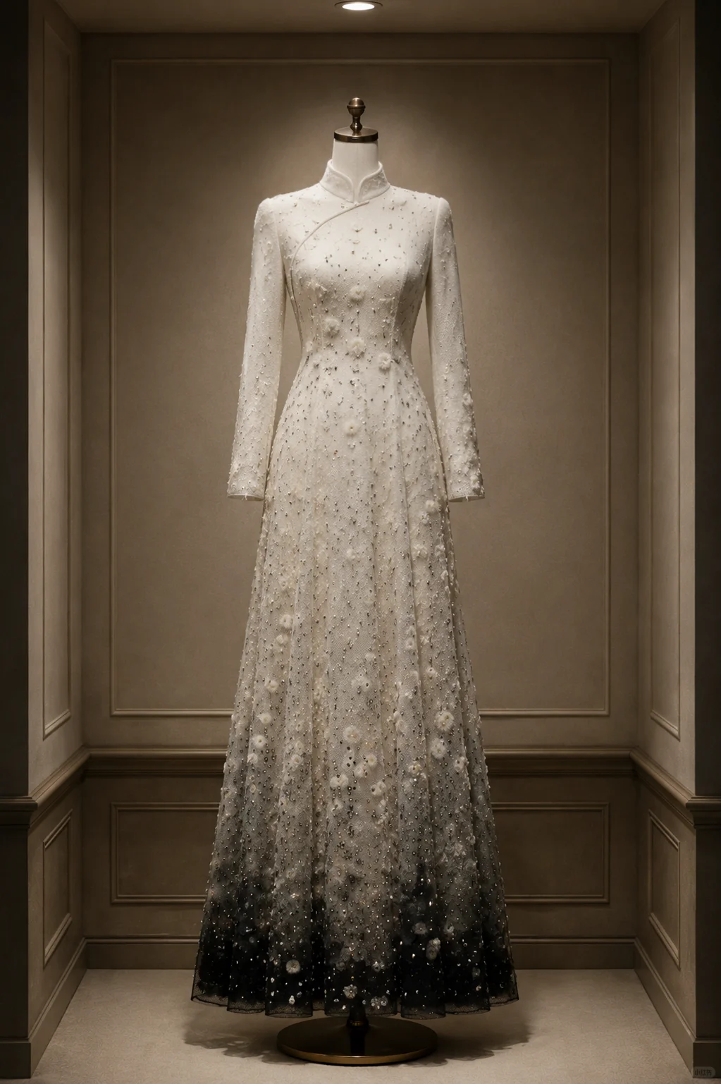 ✨Girlhomeshops-Ombre Ivory Black Beaded 3D Flower Qipao Cheongsam Evening Gown gh10386