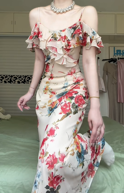 Vintage Floral Print Off‑Shoulder Spaghetti Strap Mermaid Evening Gown, Ruffle Neck Flowy Chiffon Formal Prom Dress gh9009