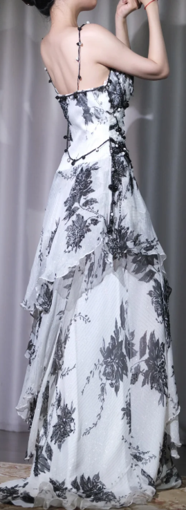 ✨Girlhomeshops-White Ink Floral Long Prom Gown Spaghetti Strap Beaded Asymmetric Ruffle Hem Cocktail Dress gh10107