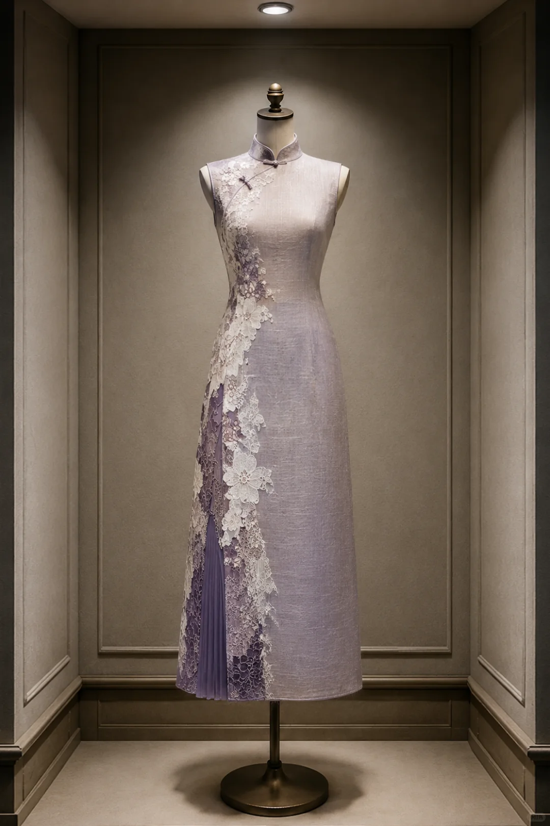✨Girlhomeshops-Lavender Purple Lace Floral Pleated Long Cheongsam Qipao gh10448
