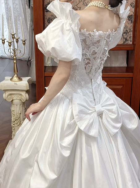 White Vintage Satin Ball Gown Wedding Prom Dress, Off‑the‑Shoulder Puff Short Sleeves, Floral Lace Appliqués, Scalloped Lace Hem gh8702