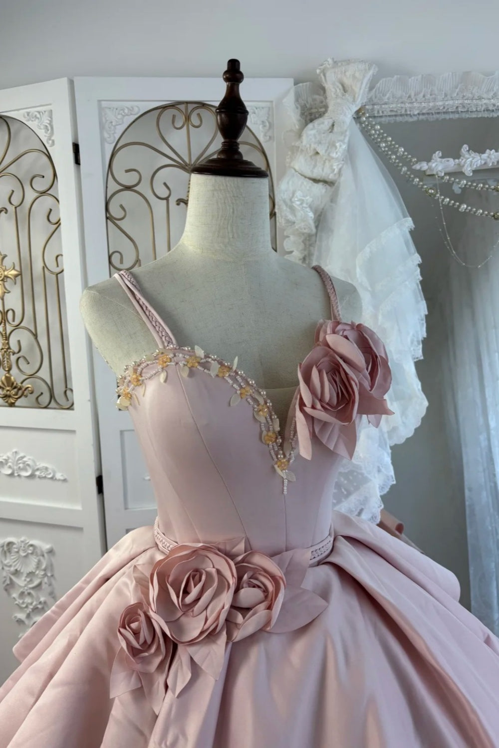 Pink Strapless Gown Beaded Neckline & 3D Rose Appliqués Showstopper gh7062