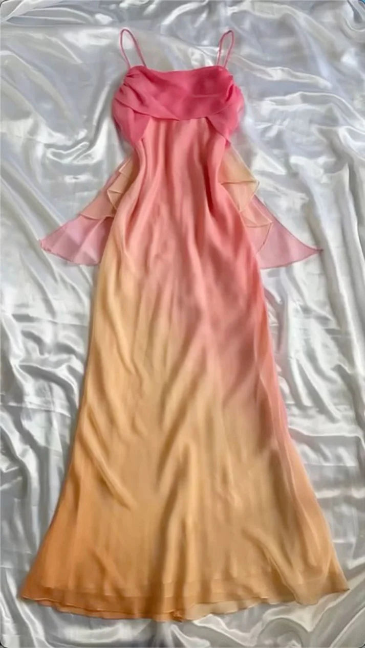 Robe de soirée longue en mousseline de soie, élégante, dégradé de couleurs orange, bretelles spaghetti, gh3608