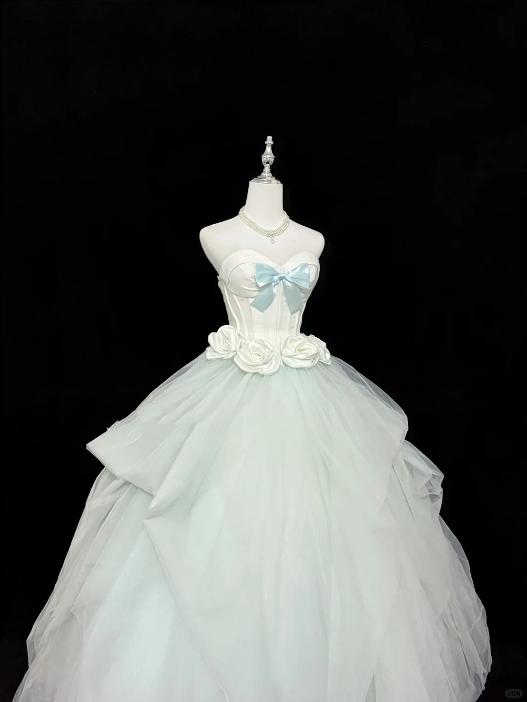 Mint Green Strapless Cinched Waist Bow Voluminous Princess Skirt Romantic Dress, Wedding Gown gh7908