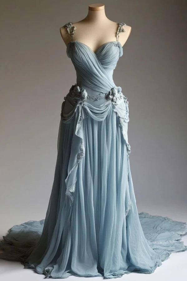 Blau Wunderschöne Retro Mode Elegante Blumenapplikation A-Linie Lange Tüll Bodenlangen Abendkleid Ballkleid gh3697