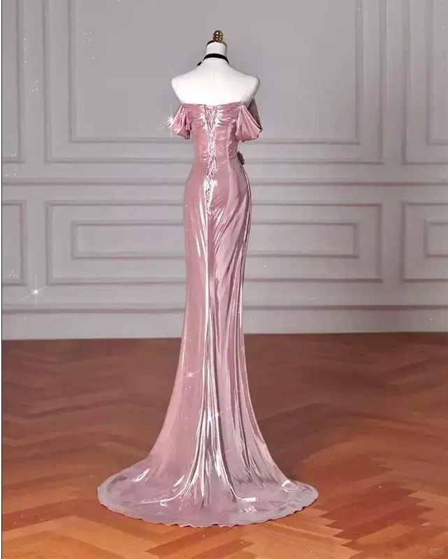 ✨Girlhomeshops - Robe de soirée longue en satin rose à coupe sirène, coupe ajustée, pour fête d'anniversaire, gh4990