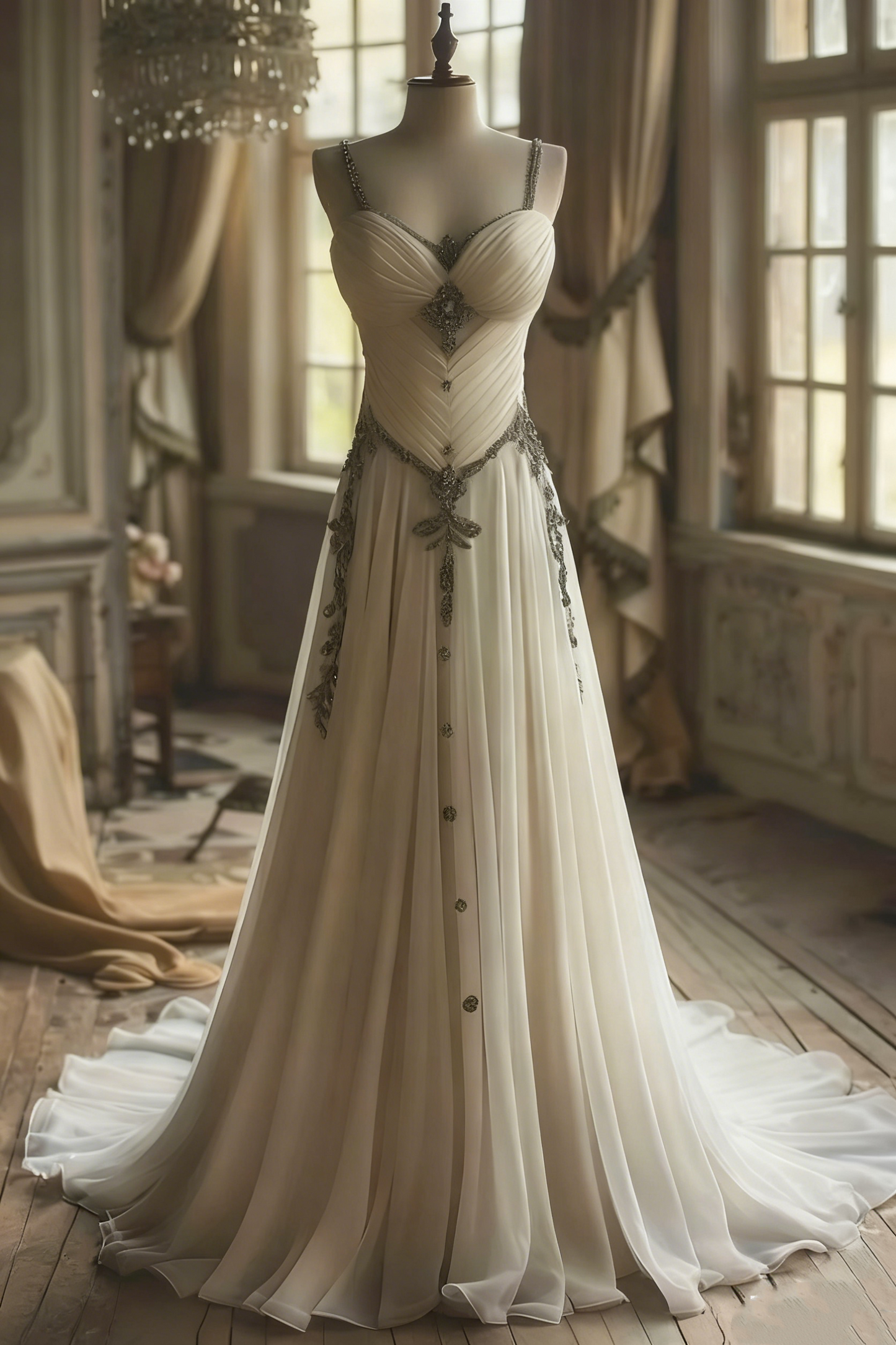 Robe de mariée blanc cassé à fines bretelles et traîne ornée de strass gh6402