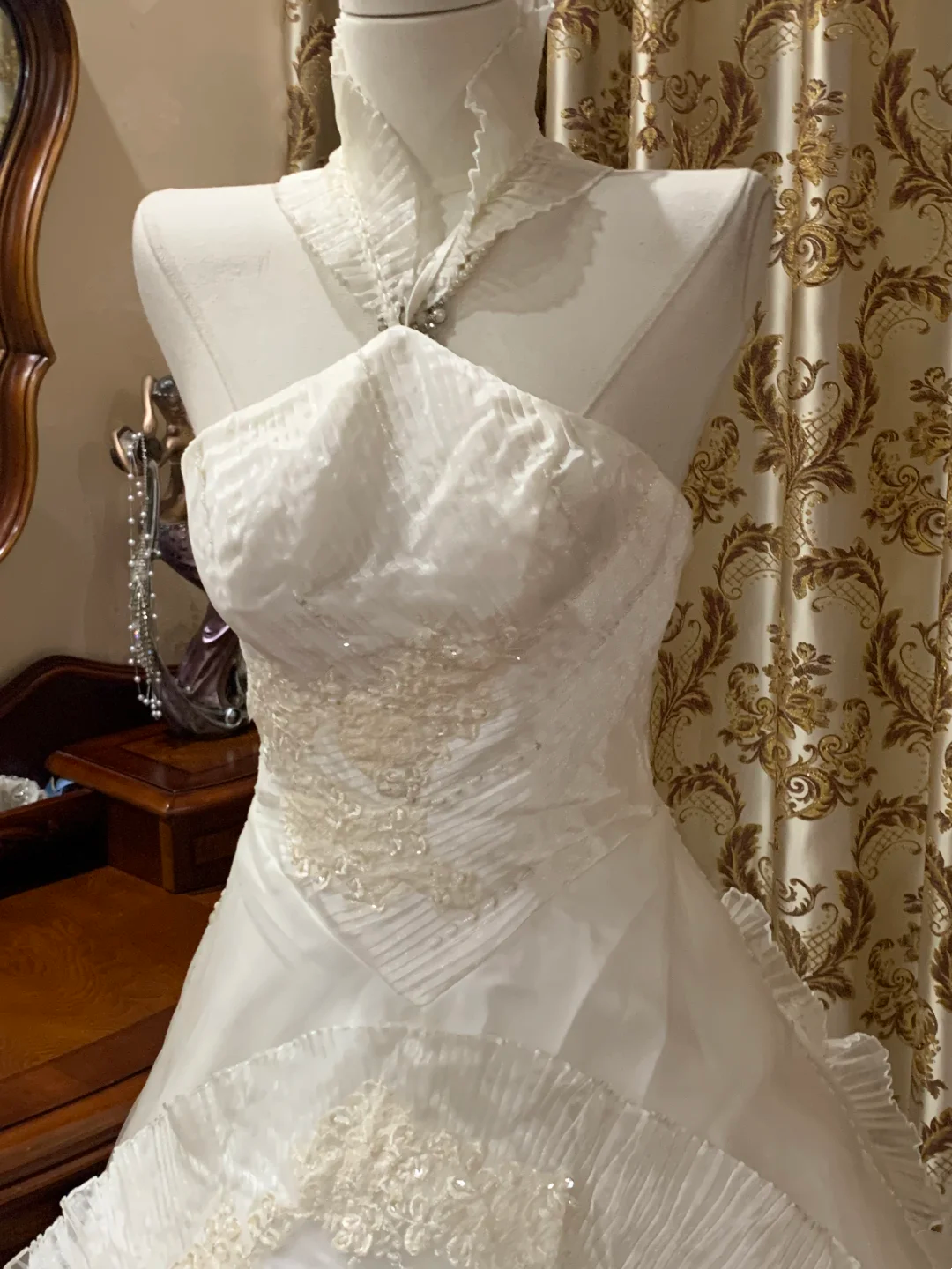Ivory Halter Fitted Waist Slim Voluminous Skirt Prom Gown, Birthday Dress, Bridal Wedding Gown gh7266