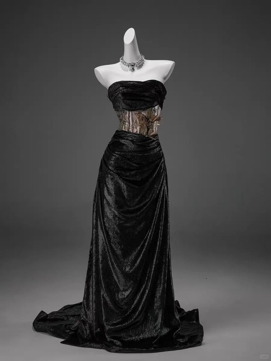 Schwarzes elegantes, modisches, elegantes, exquisites, goldenes Blumenmuster, langes, bodenlanges Satin-Ballkleid, Abendkleid, Prinzessinnen-Abschlussballkleid, Zeremonienkleid für Erwachsene, gh3846