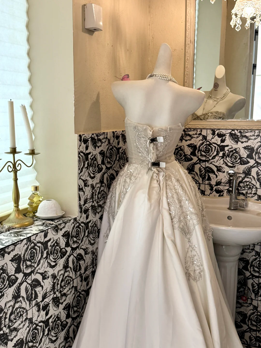 Ivory Strapless Gown with Silver Embellishments, High-End Sexy Waist-Cinched Long Romantic Dress, Wedding Gown gh7535