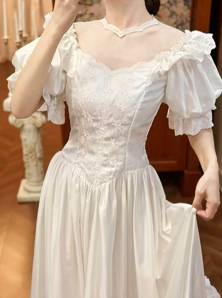 White Satin Vintage Illusion V‑Neck Puff Short Sleeve Lace Ruffle Fitted Waist Ball Gown Prom Dress, Wedding Dress gh8616