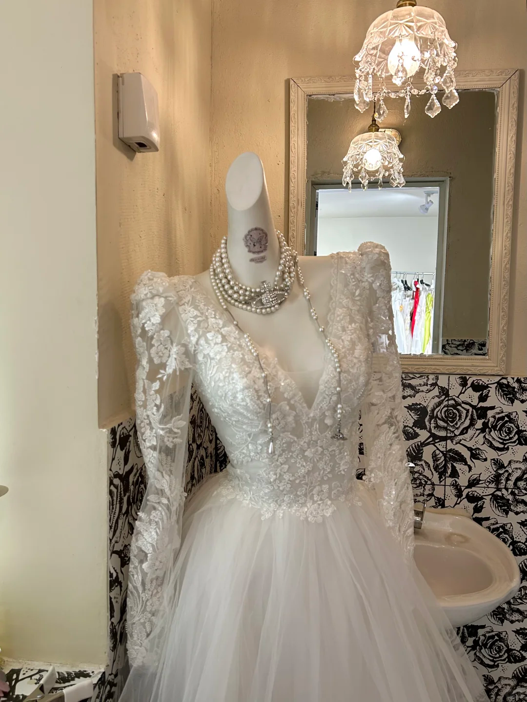 Ivory V-Neck Lace Long Sleeve Waist-Cinched Voluminous Skirt Long Romantic Dress, Wedding Gown gh7606