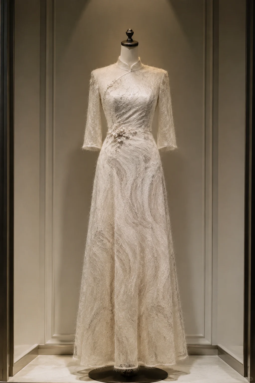 ✨Girlhomeshops-Cream White Textured Lace 3/4 Sleeve 3D Floral Qipao Cheongsam Evening Gown gh10397