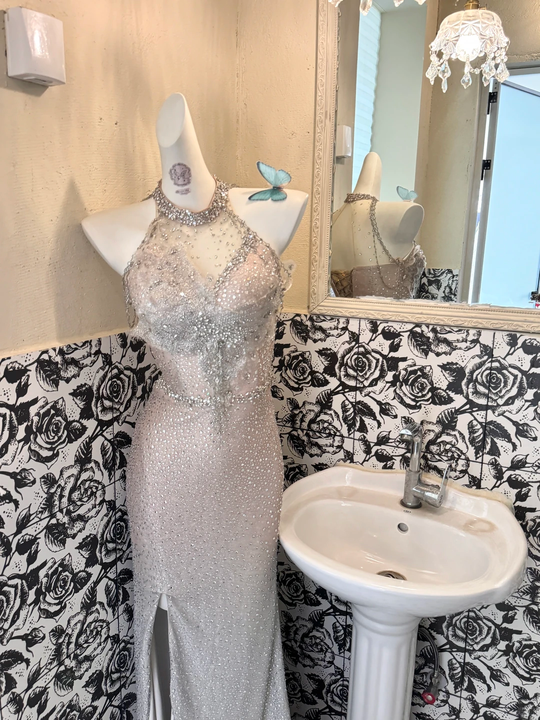 Light Grey Gradient Halter Silver Embellished Waist-Cinched Fitted Mermaid Sexy Romantic Dress, Wedding Gown gh7594