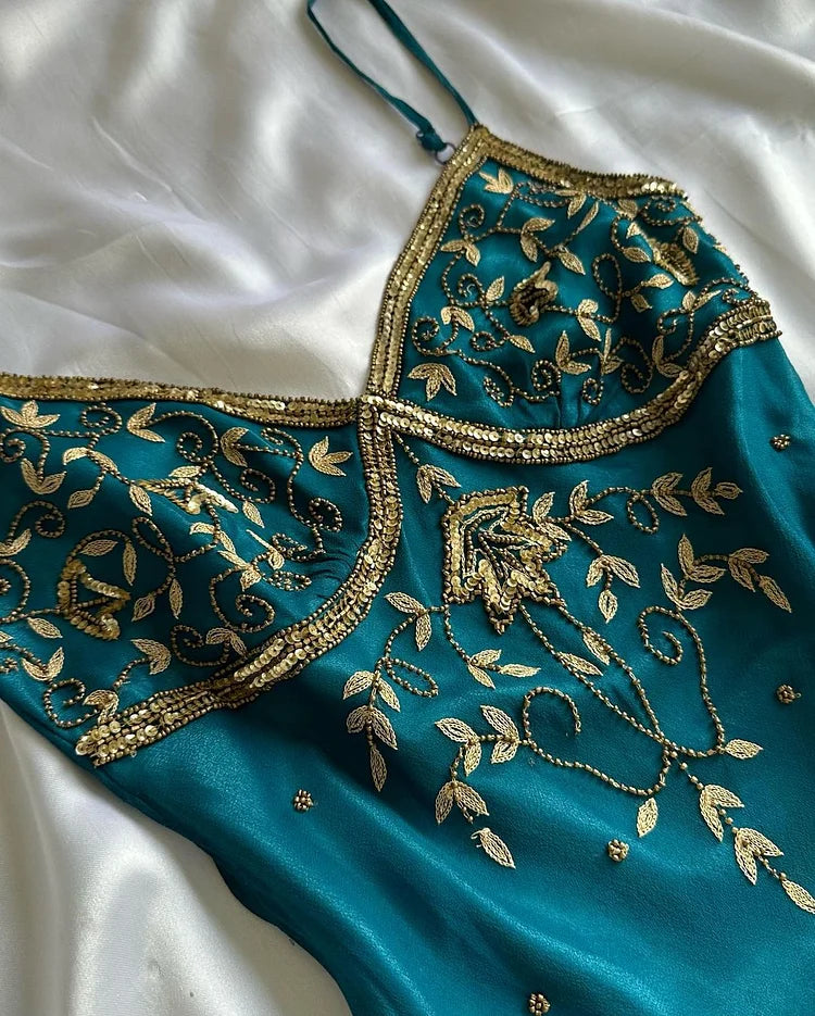 Pfauenblau Vintage-Mode exquisite Stickerei Perlen Spaghetti Strap lange Chiffon Ballkleid Abendkleid Partykleid gh3406