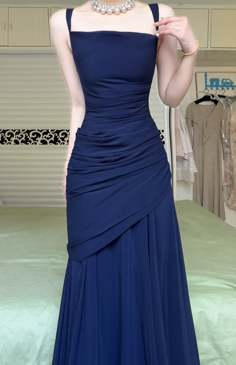 Navy Blue Square Neck Spaghetti Strap Long Evening Gown, Draped Ruched Waist Flowy A‑Line Formal Prom Dress gh8999